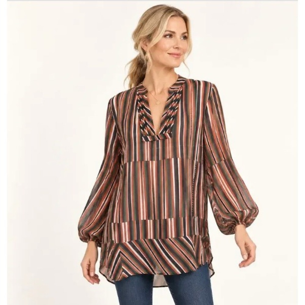Cabi Ultimate Striped Blouse Women's XL 5519 Boho Multi V-Neck Ruched Sheer Top
